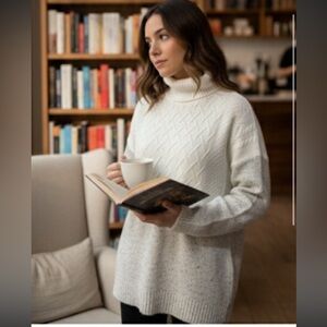 Bellini Textured Knit Turtleneck Ivory and Speckled knit, colorblock cozy cotton